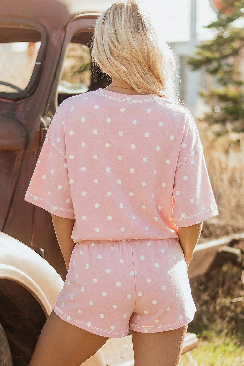 Pink Exposed Seam Detail Polka Dot Loose Tee Drawstring Shorts Set