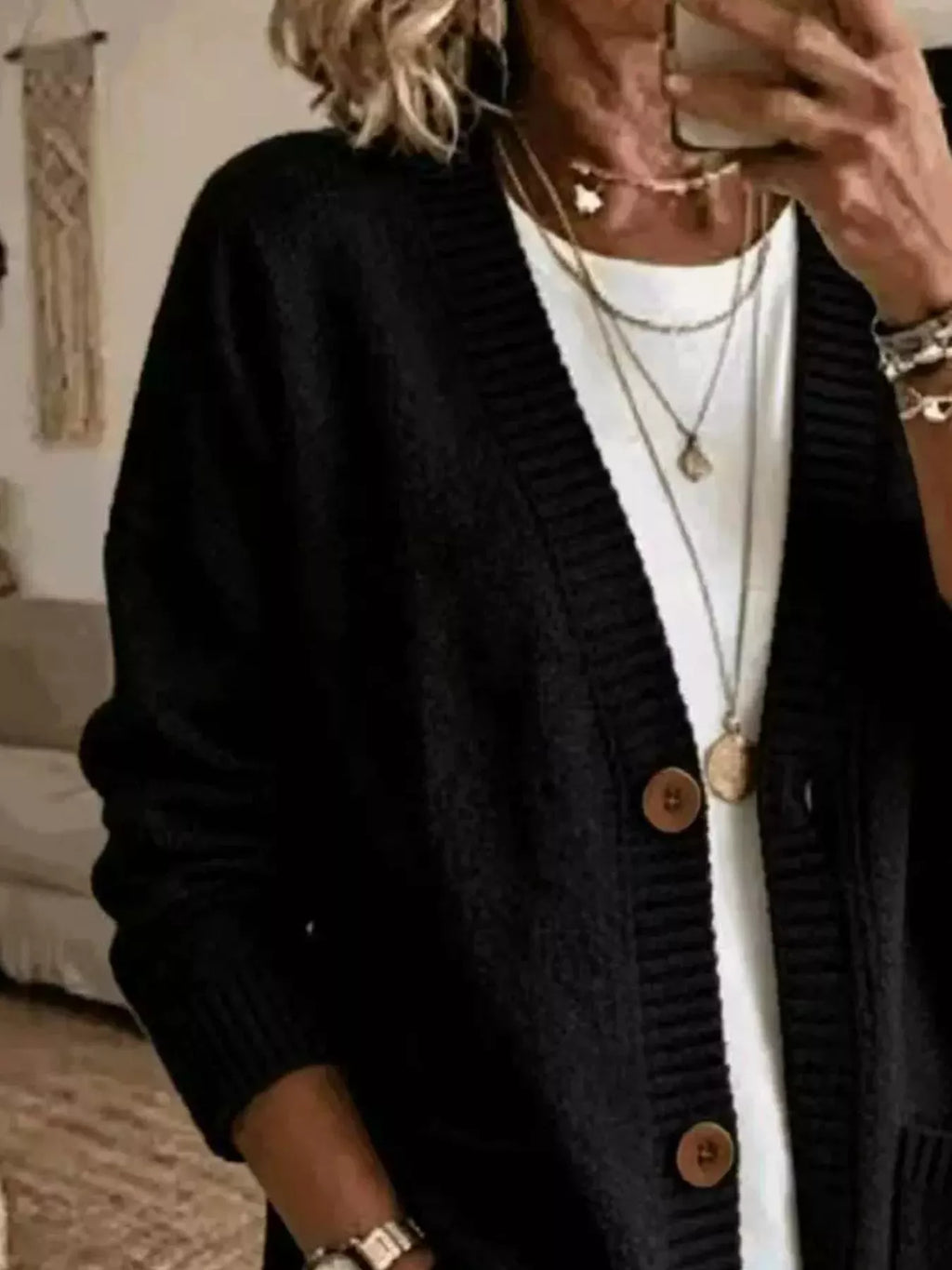 Casual V-Neck Button-Down Knit Cardigan with Pockets