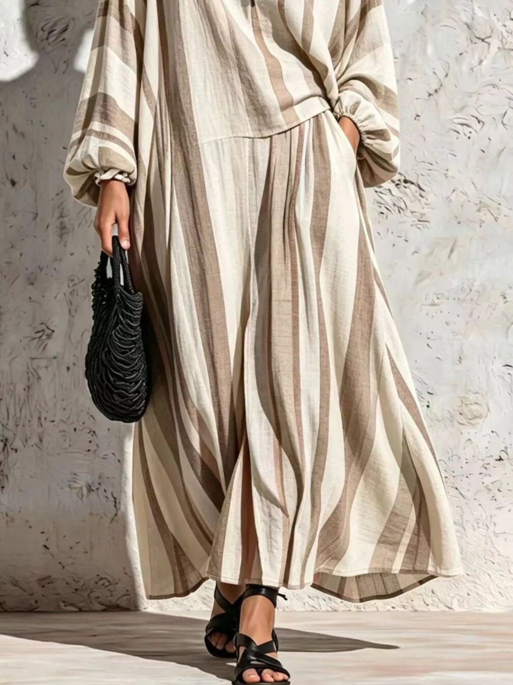 Bohemian Striped V-Neck Loose Top and Wide Leg Pants Set