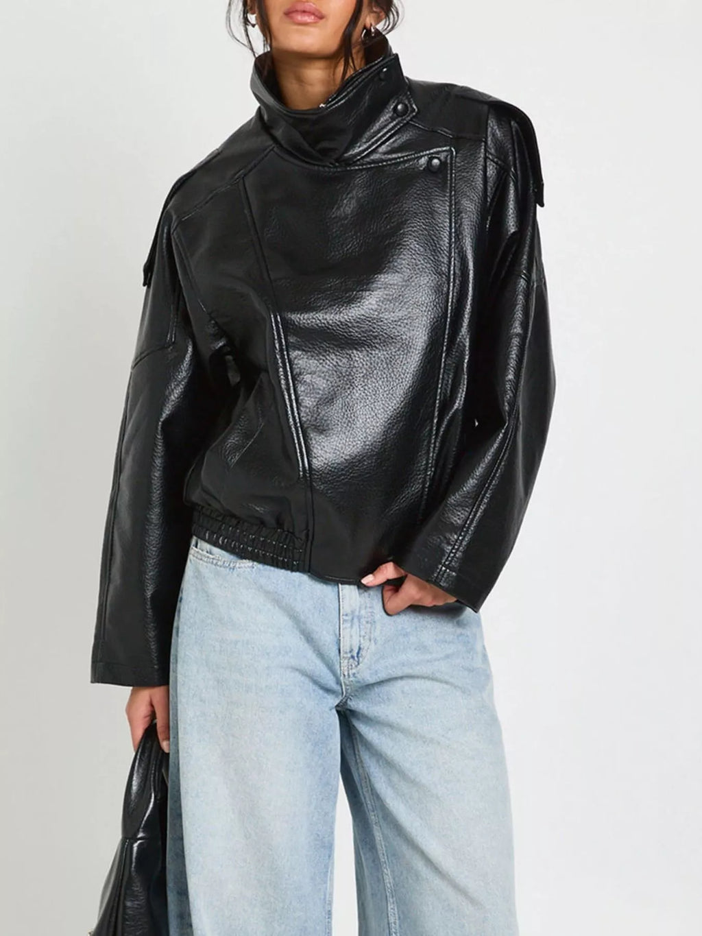 Faux Leather Moto Jacket with Asymmetrical Zip