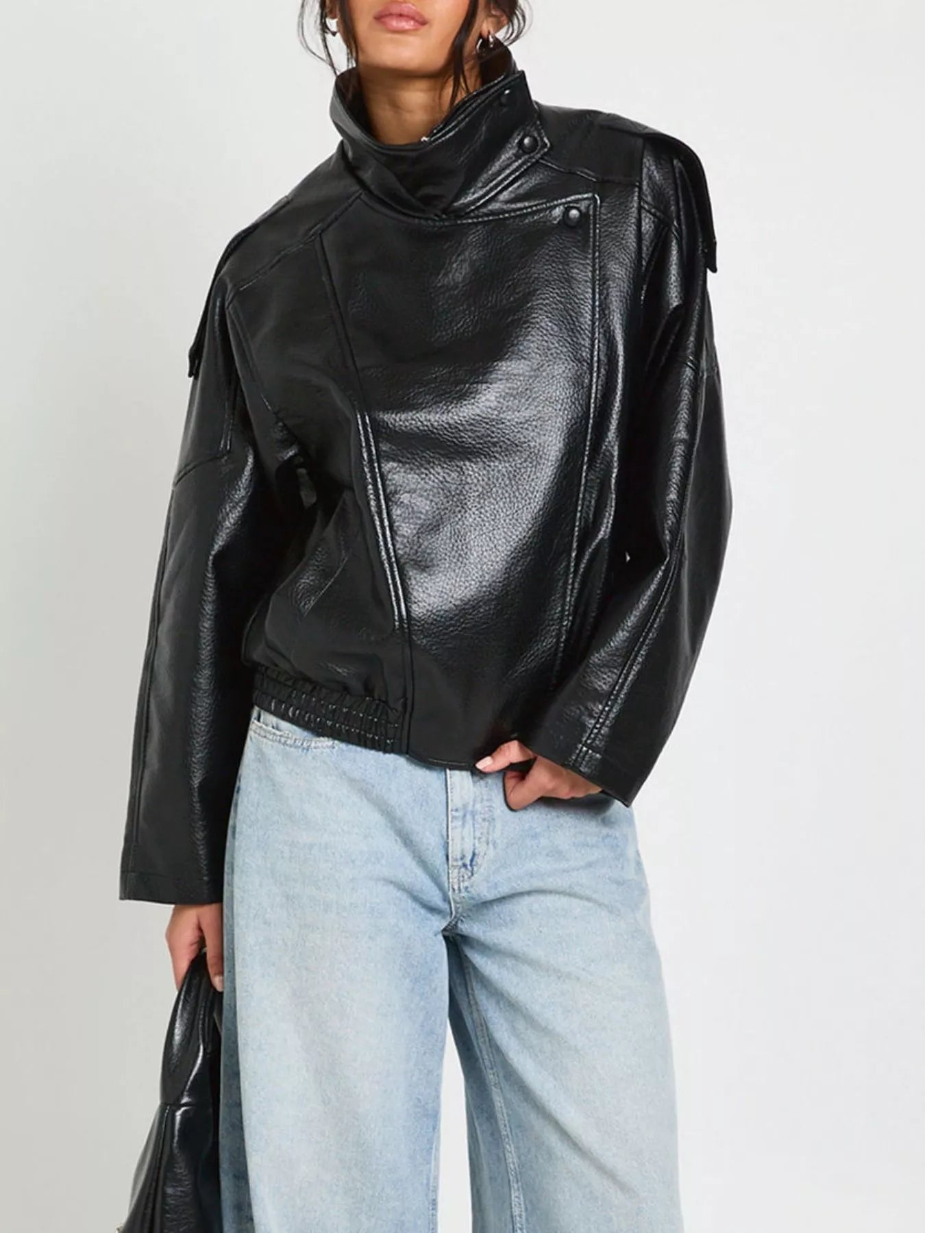 Faux Leather Moto Jacket with Asymmetrical Zip