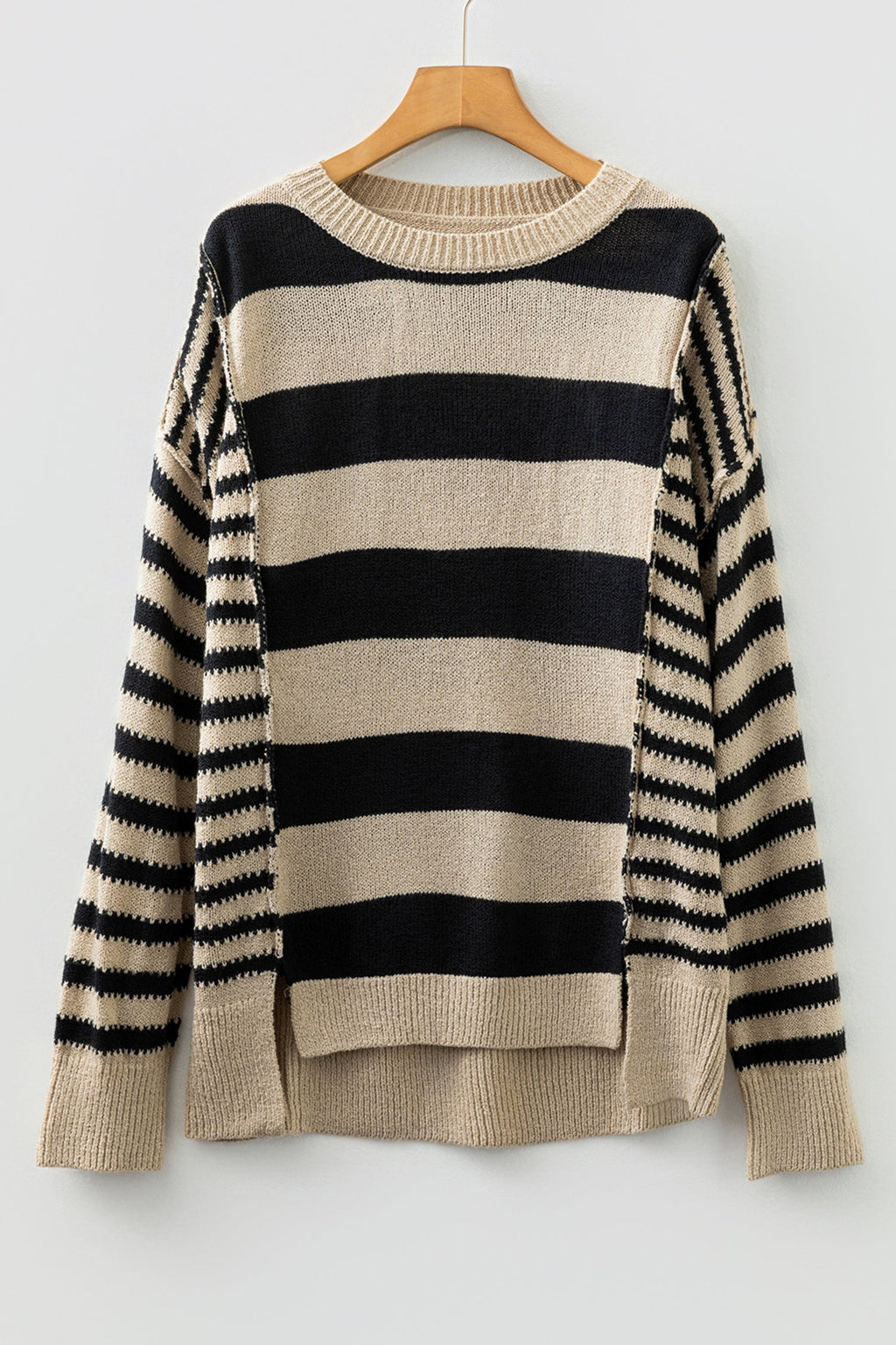 Black Stripe Drop Shoulder Sleeve Patchwork Baggy Sweater