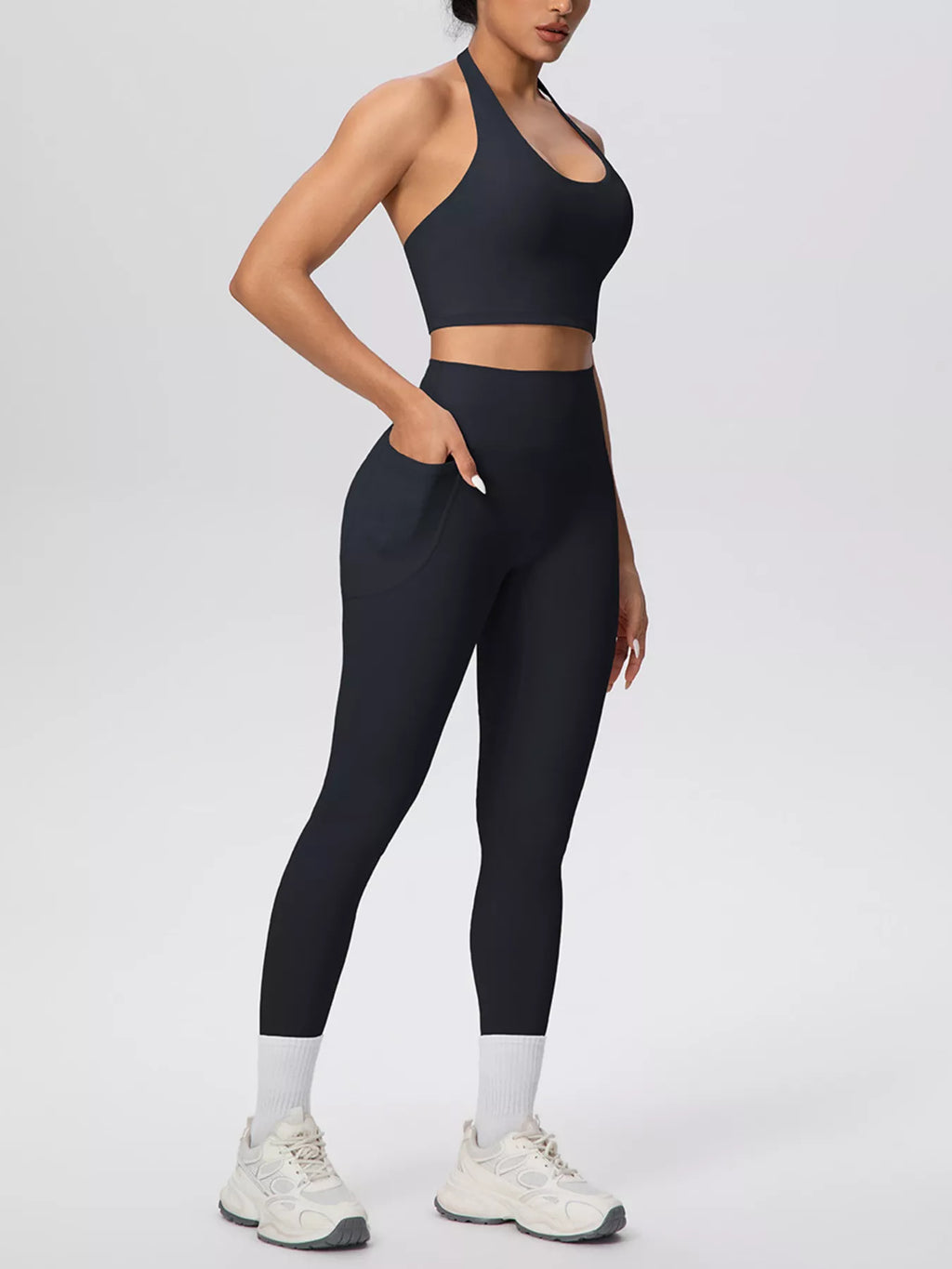 Halter Neck Crop Top and High-Waisted Leggings Active Set