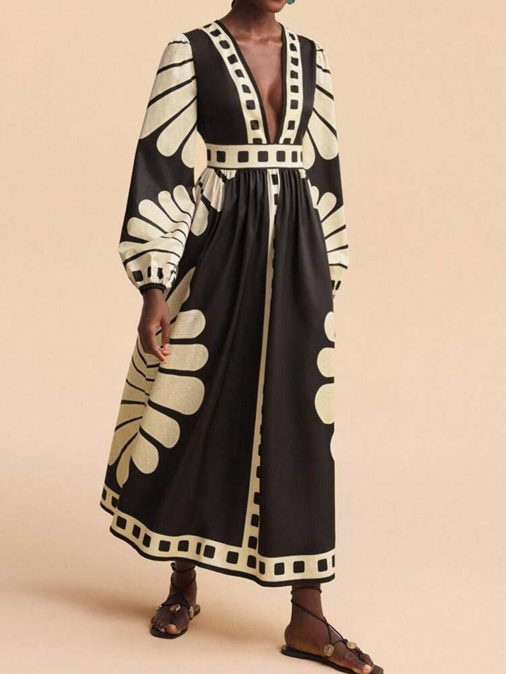 Printed Deep V-Neck Long Sleeve Dress