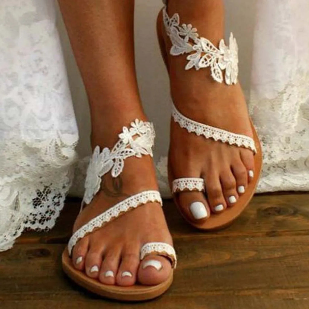 Lace Flower Toe Ring Flat Sandals