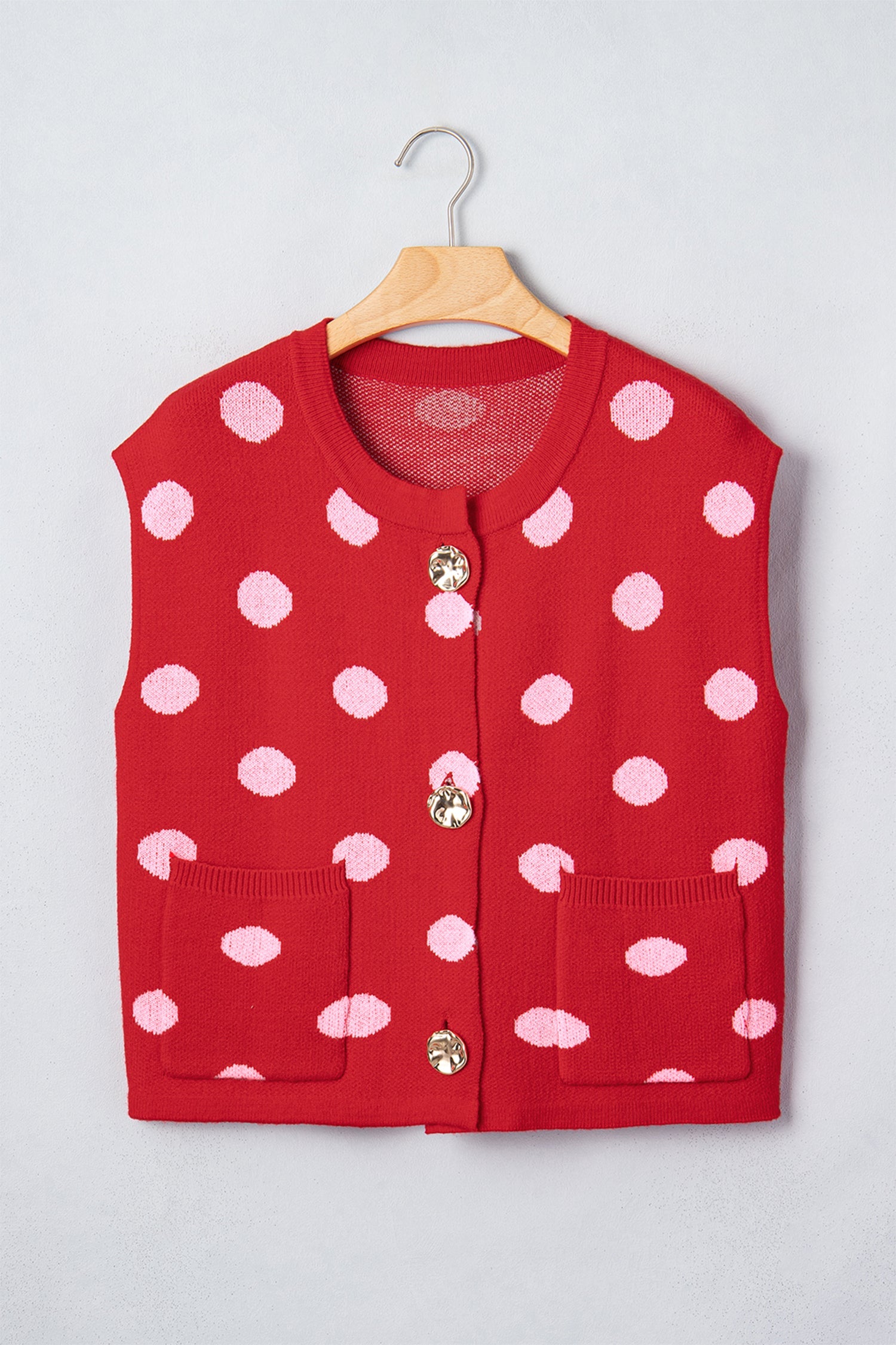 Red Polka Dot Sleeveless Knit Button Drop Shoulder Sweater Vest