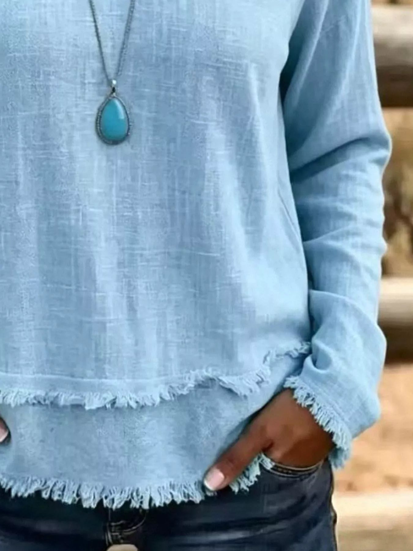 V-Neck Long Sleeve Blouse with Frayed Hem Detail