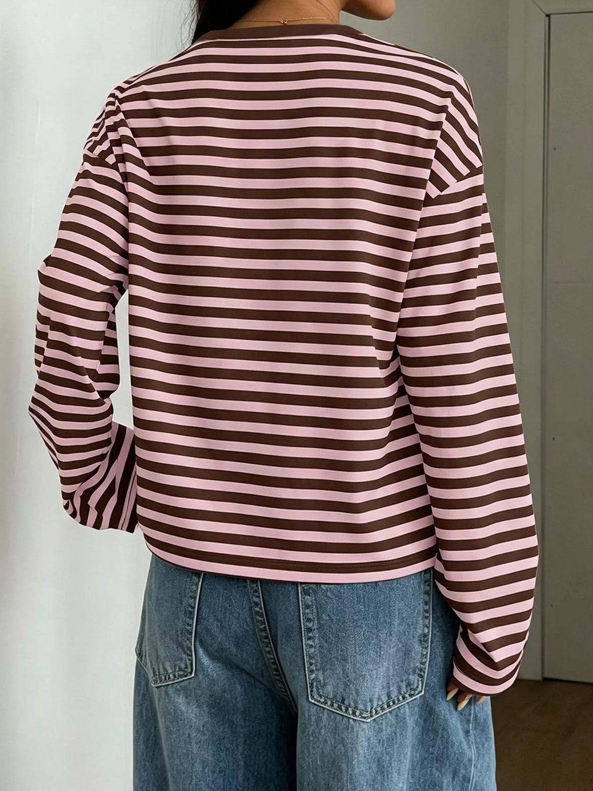 Full Size Casual Long-Sleeve Striped Crew Neck T-Shirt Plus Size