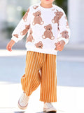 Children's Bear Print Sweatshirt and Striped Wide-Leg Pants Set