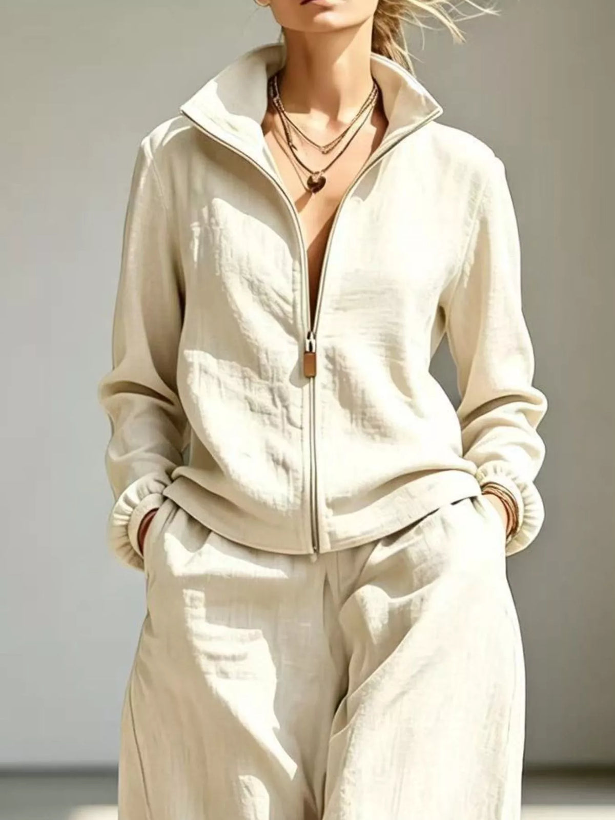 Full Size Zip-Up Jacket and Wide-Leg Pants Set Plus Size