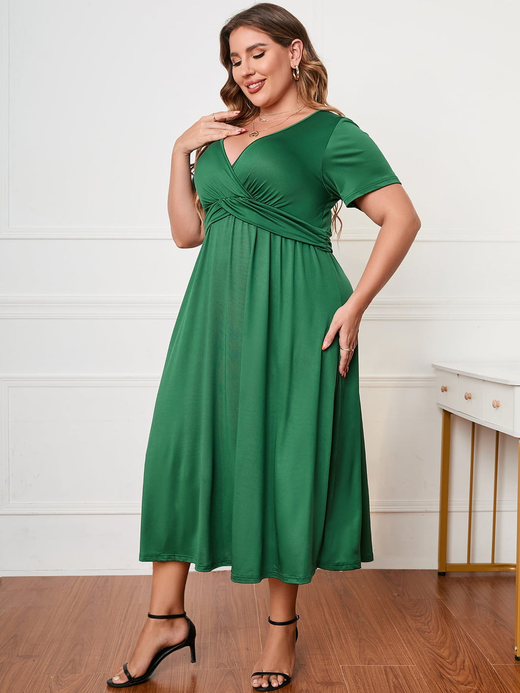Short Sleeve Surplice Neck Midi Dress