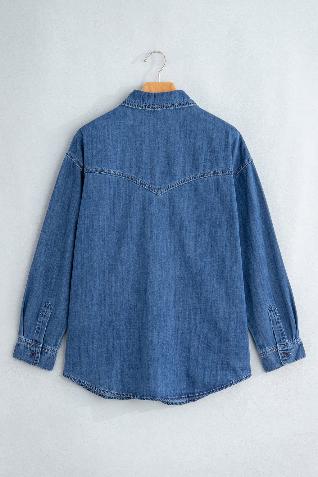 Sail Blue Western Patch Pockets Tunic Length Long Sleeve Denim Shirt