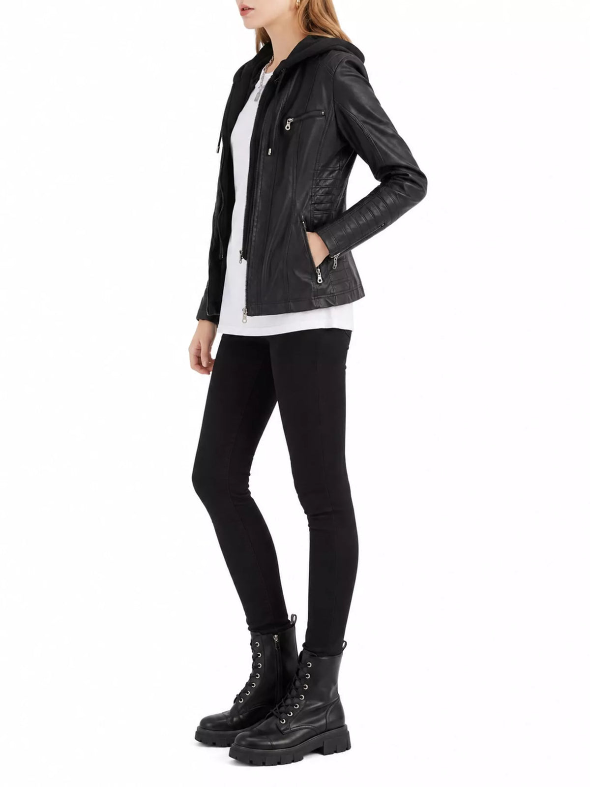 Full Size Detachable Hooded Faux Leather Moto Jacket Plus Size