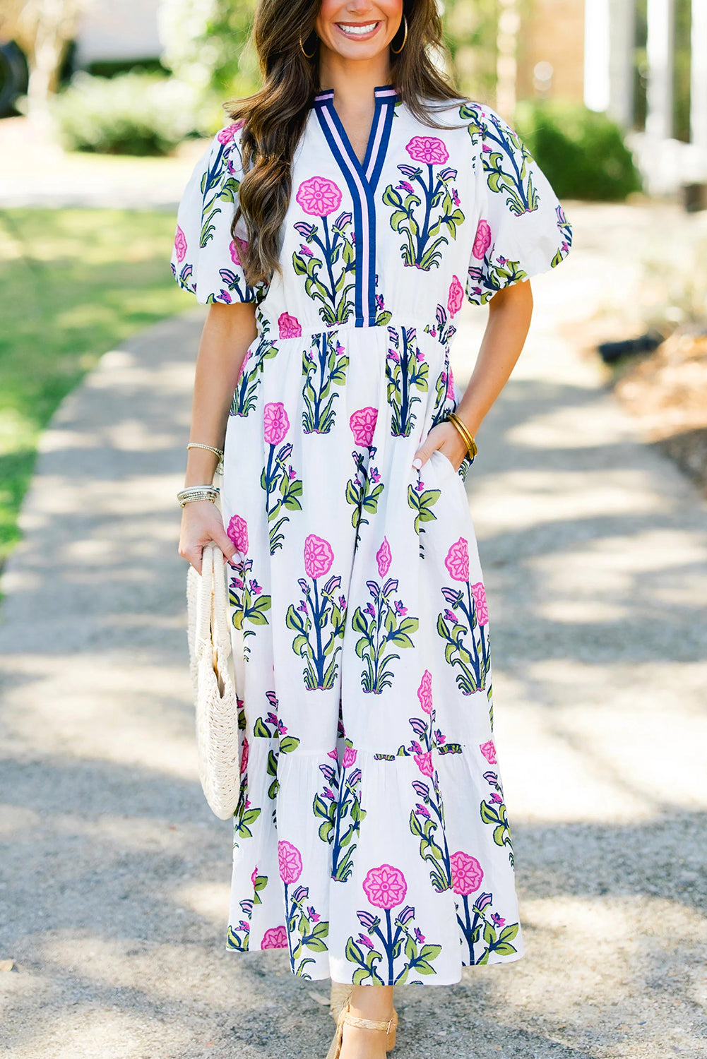 White Floral Puff Short Sleeve V Neck High Waist Maxi Dress