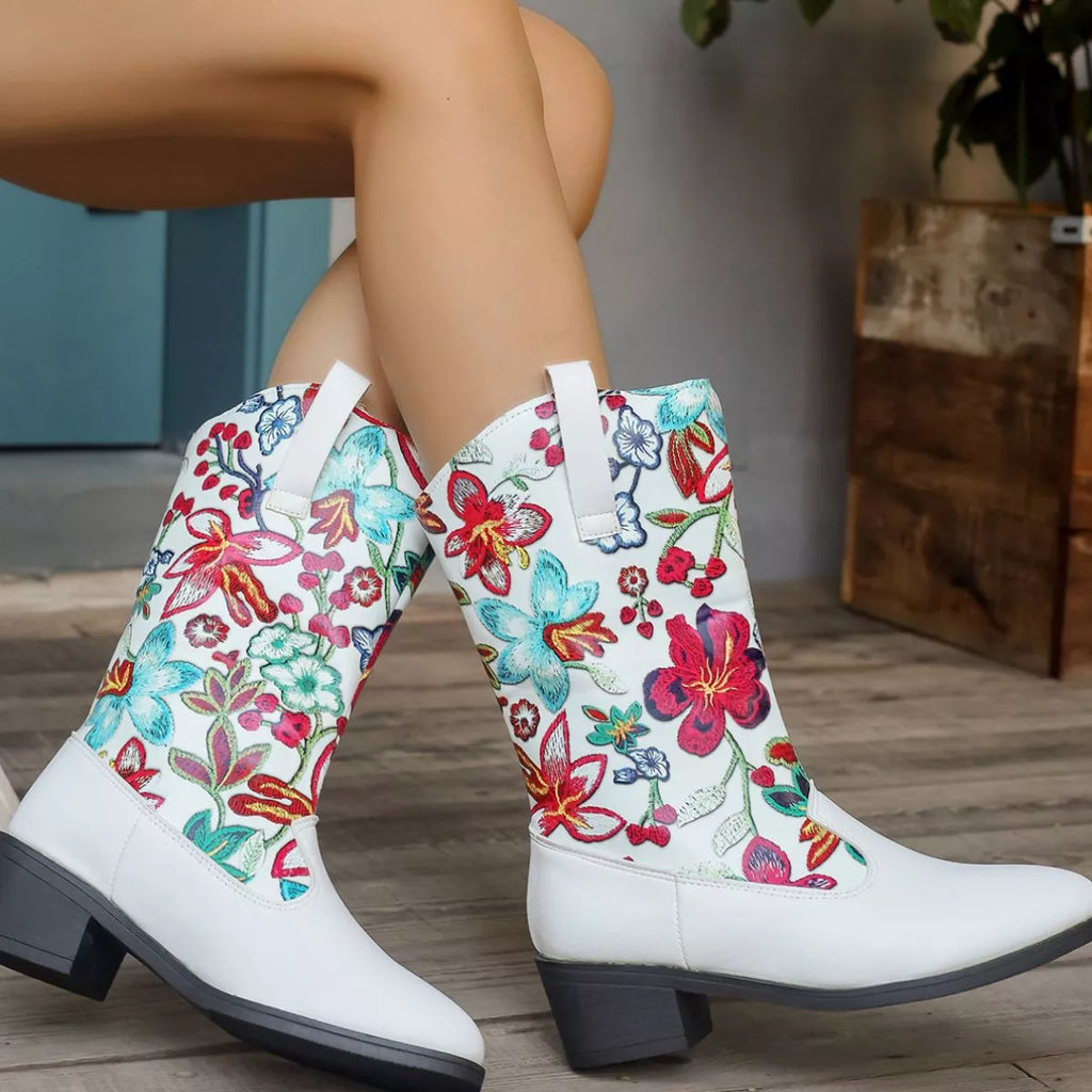 Floral Block Heel Boots