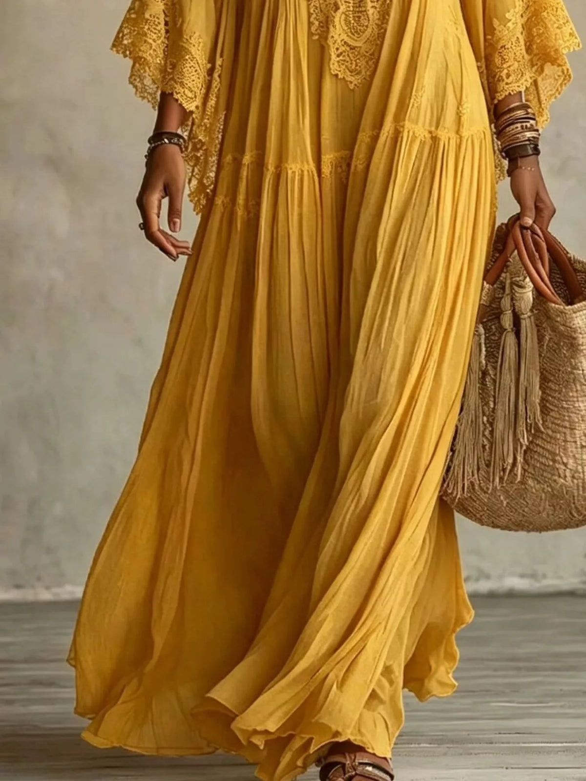 Lace Trim V-Neck Maxi Dress