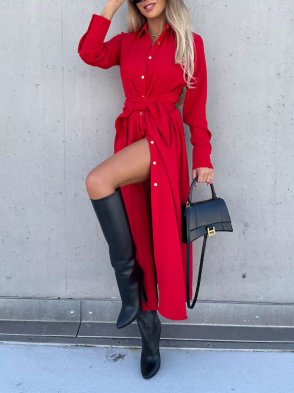 Full Size Tie Waist Long Sleeve Shirt Dress Plus Size