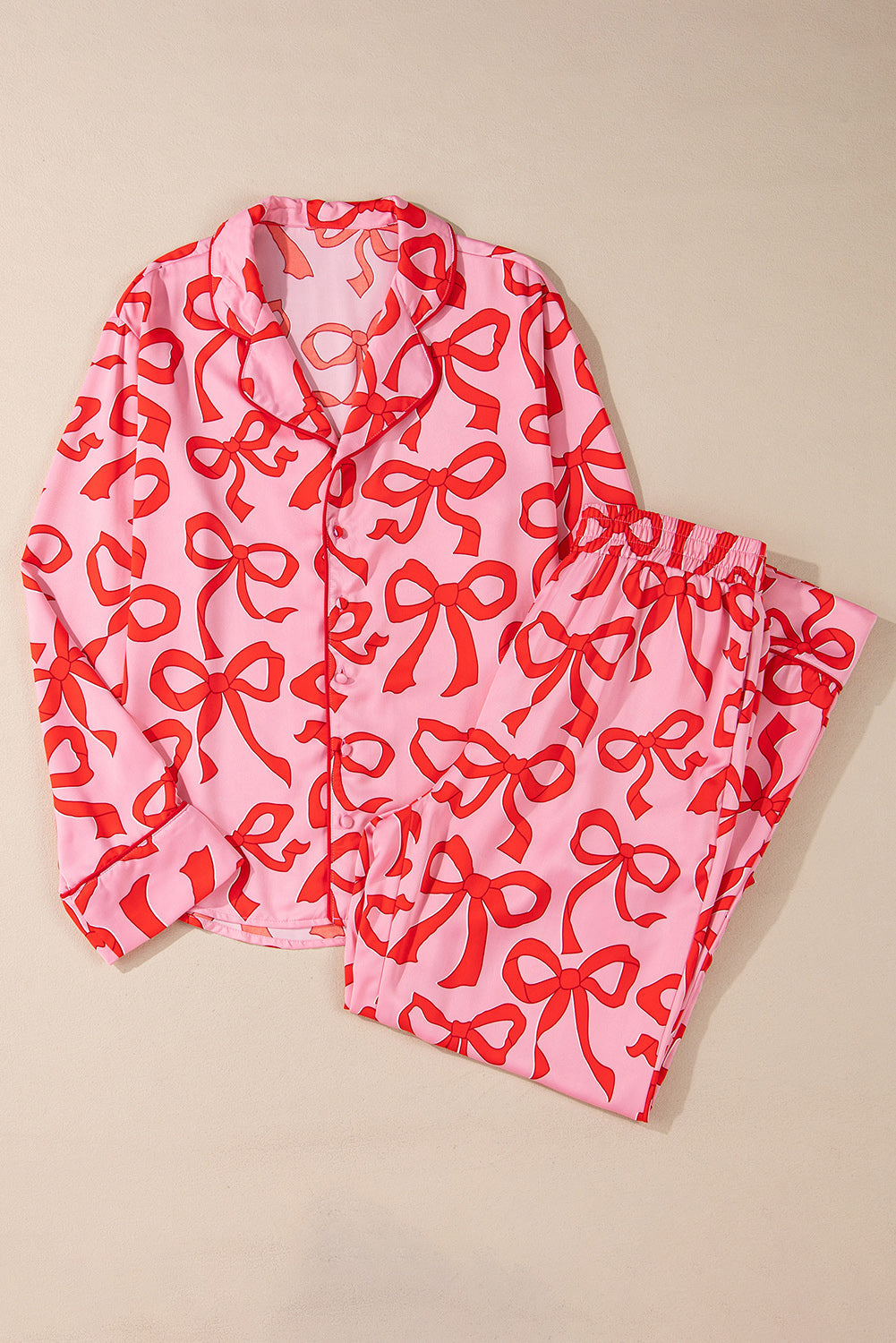 Bow Long Sleeve Top and Pants Pajama Set
