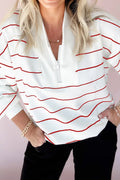 Fiery Red Zip V Neck Casual Stripe Print Drop Shoulder Long Sleeve Top
