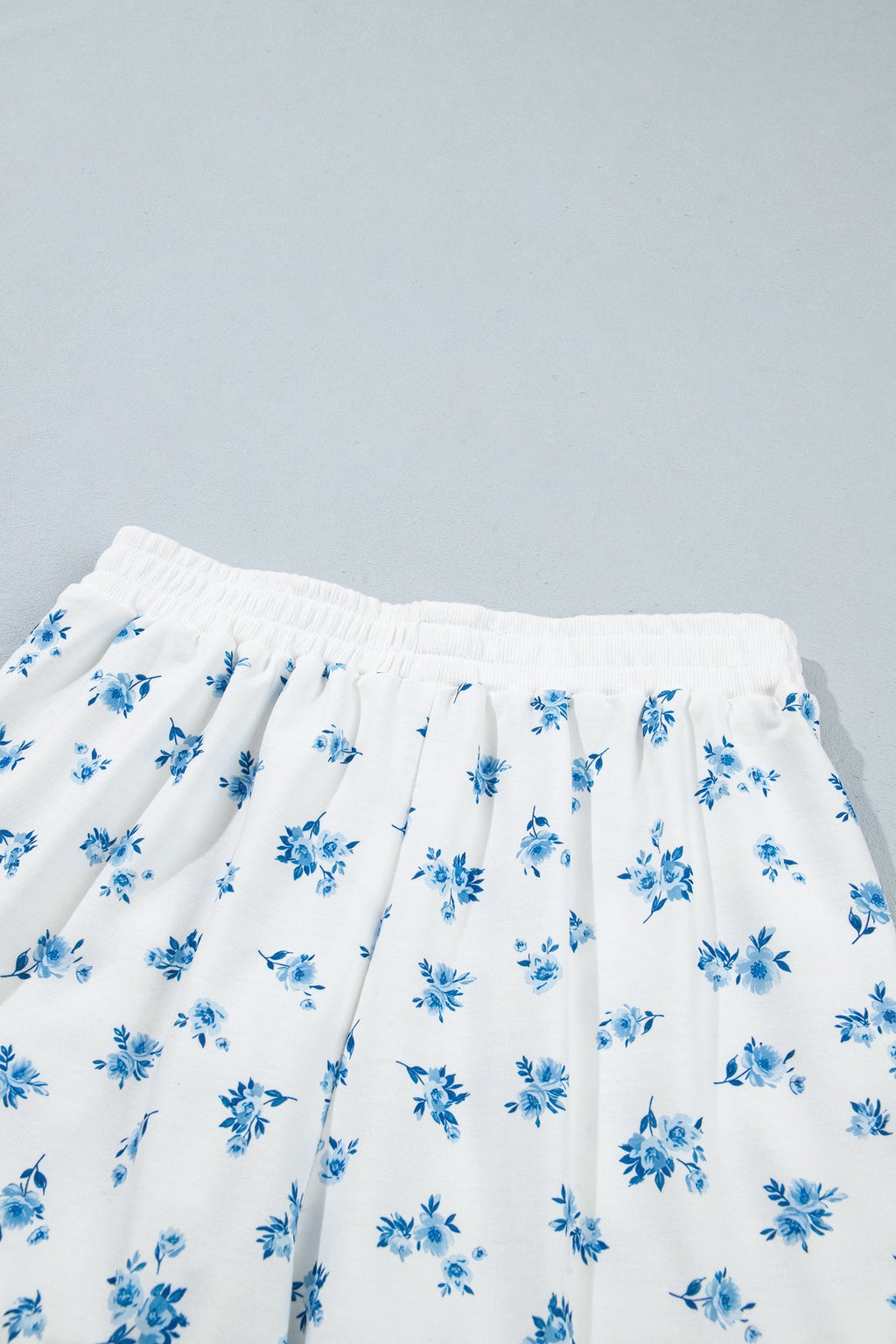 Sky Blue Floral Print Long Sleeve Top Elastic Waist Ruffle Hem Shorts 2pcs Set