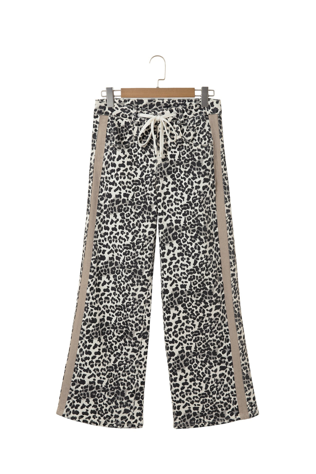 Khaki Leopard Print Drawstring Waist Straight Leg Jeans
