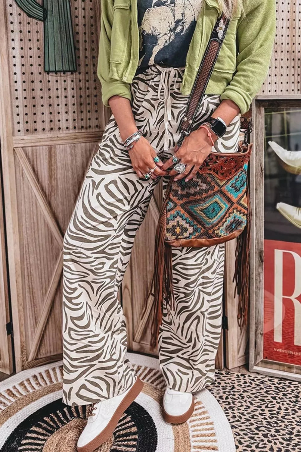 Multicolour Western Print Zebra Pattern Elastic Waist Pocket Pants