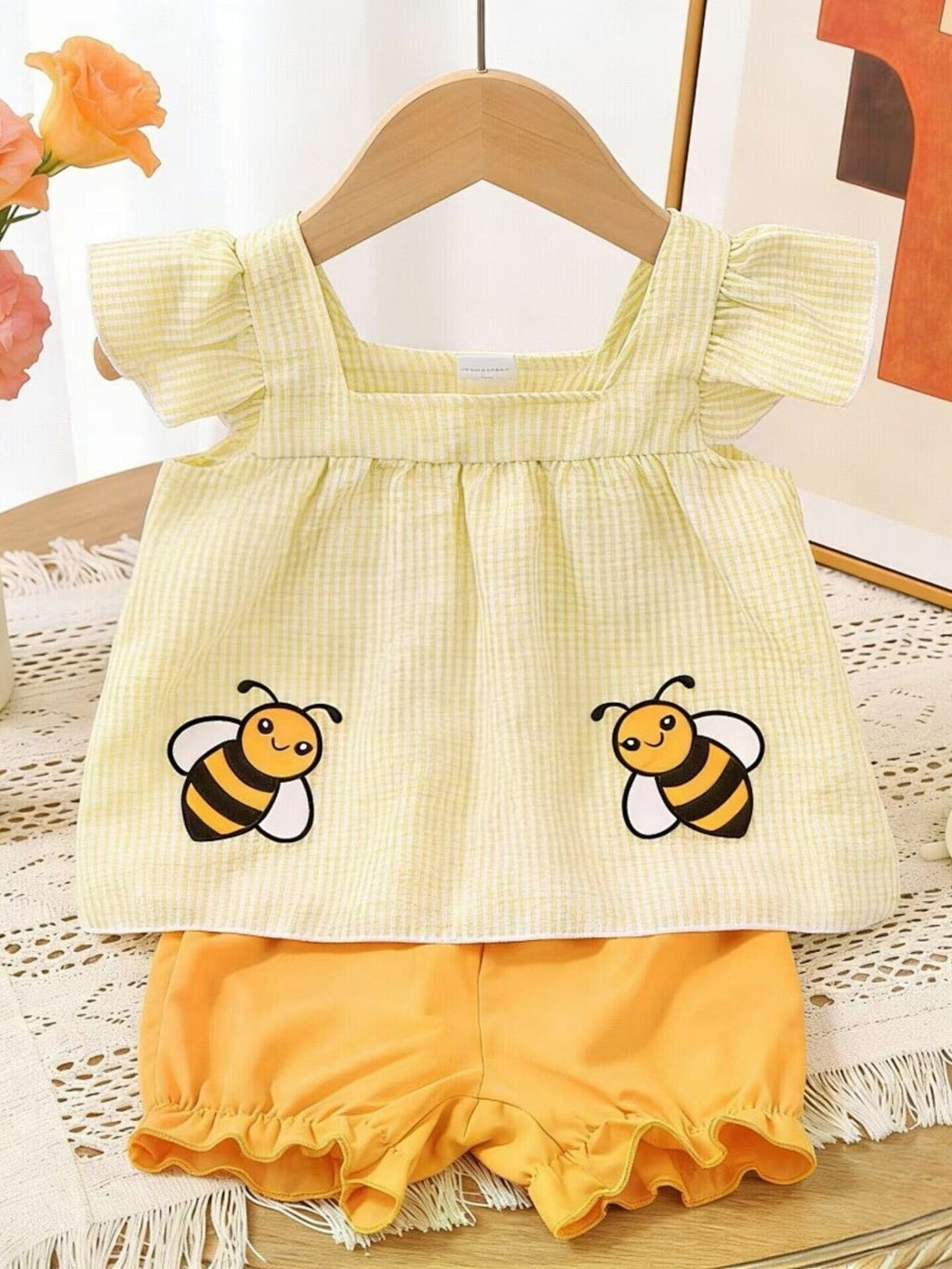 Children's Bee Embroidered Ruffle Trim Top and Shorts Set