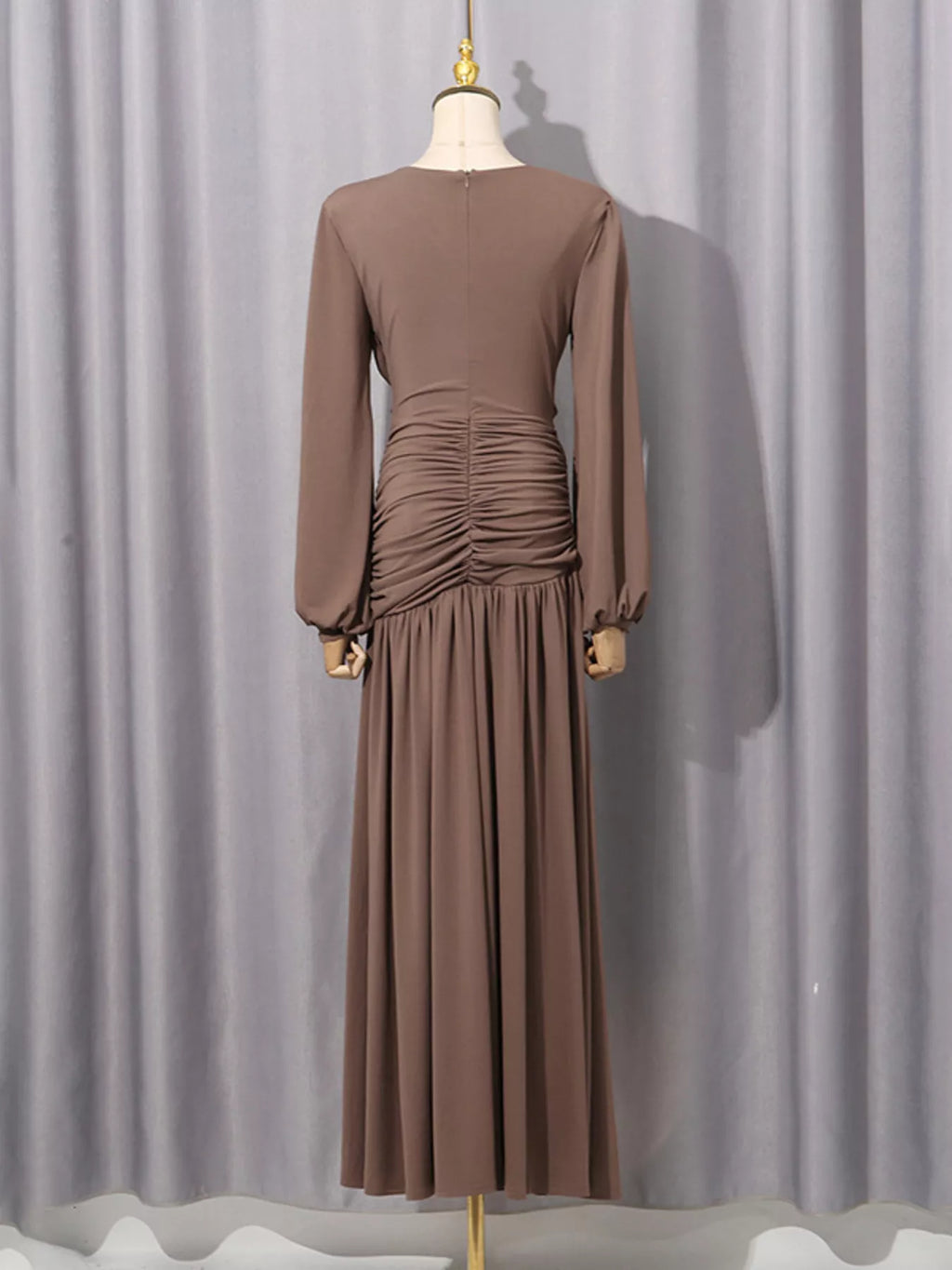 Ruched Long-Sleeve Maxi Dress with Cutout Detail