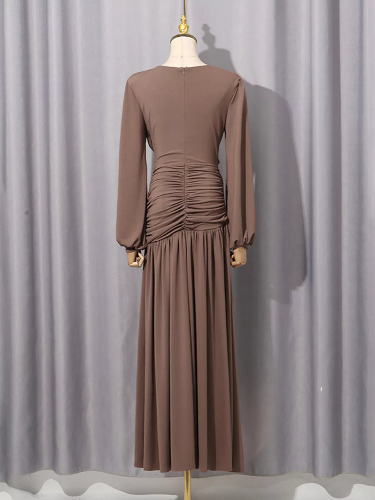 Ruched Long-Sleeve Maxi Dress with Cutout Detail