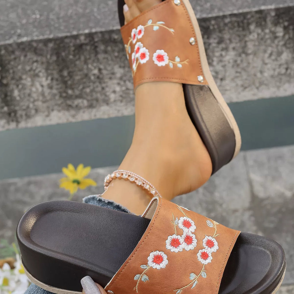 Floral Embroidered Wedge Sandals