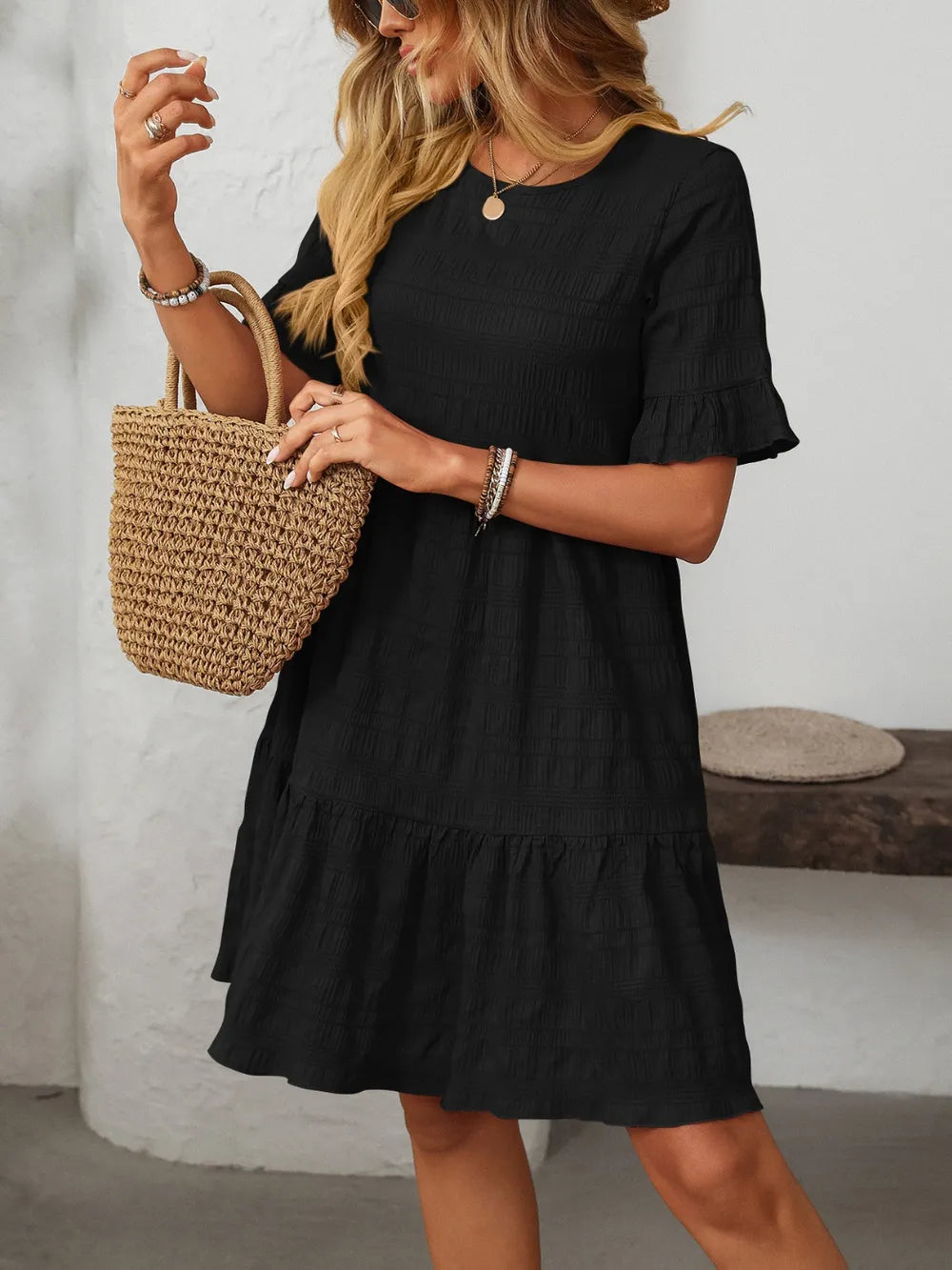 Mandy Ruffled Ruched Round Neck Half Sleeve Dress