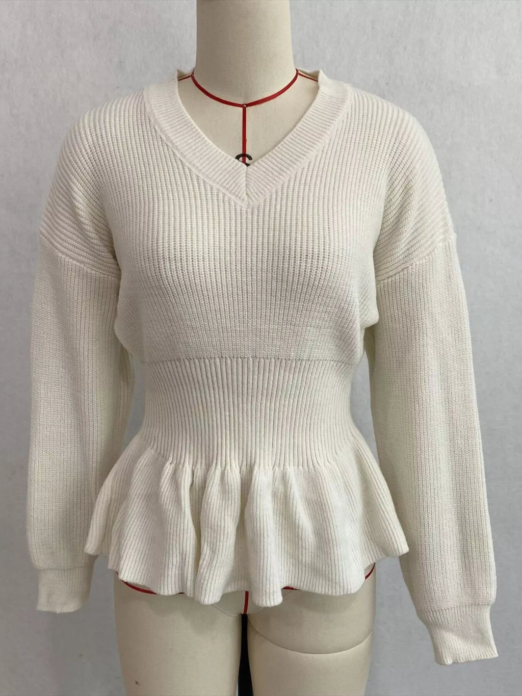V-Neck Peplum Hem Ribbed Knit Top
