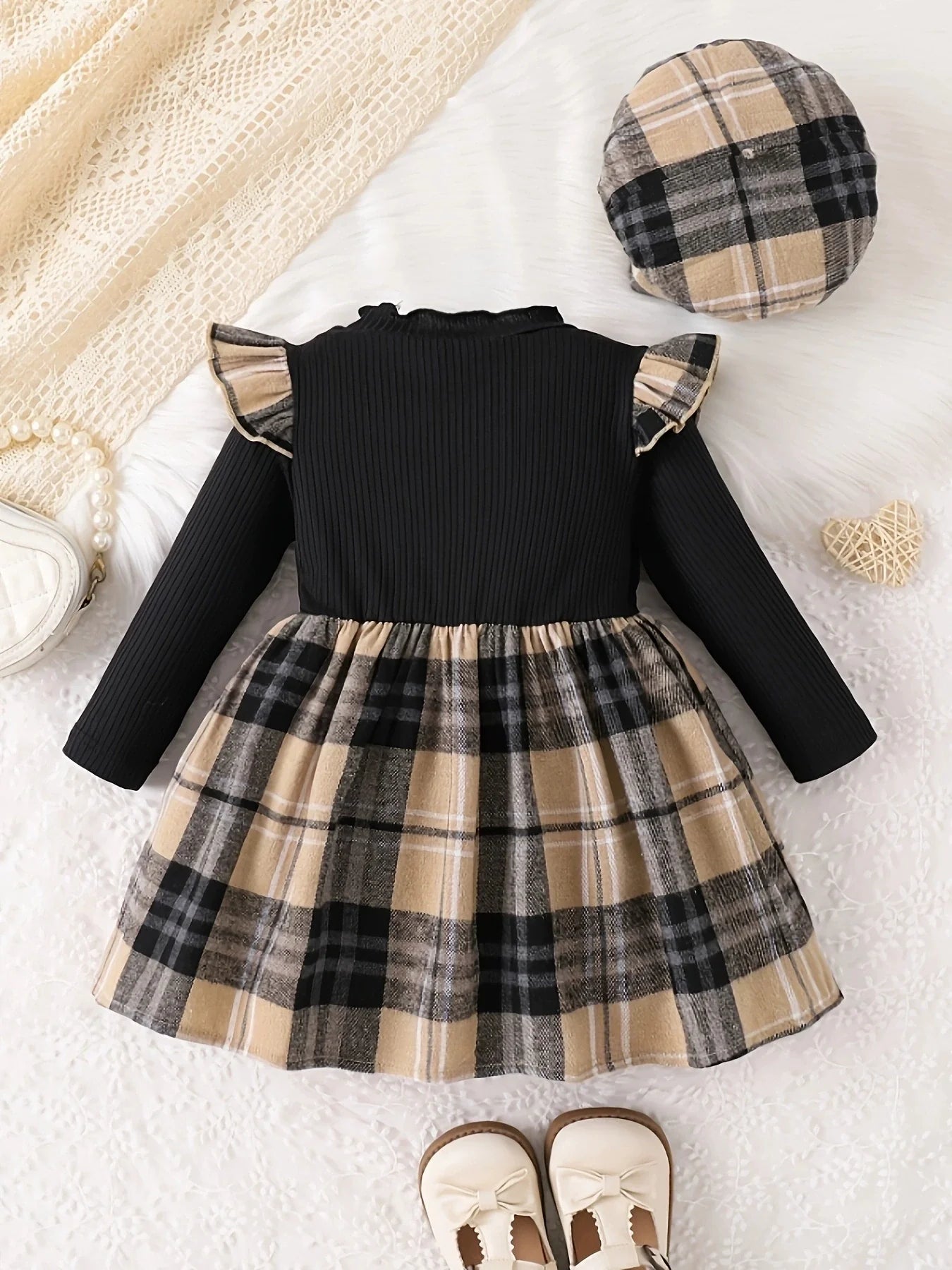 Children's Ruffled Plaid Dress & Hat Set