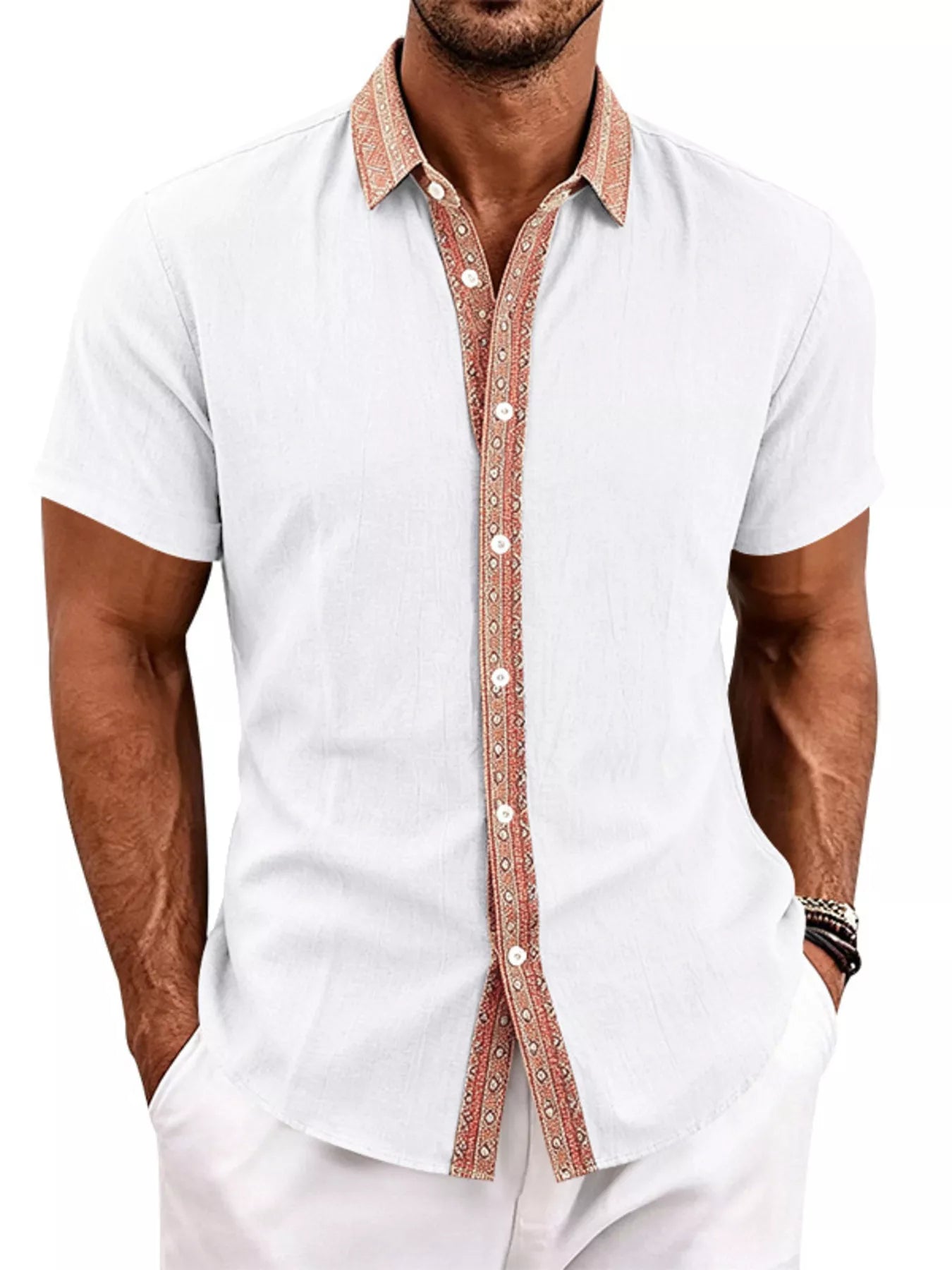 Men's Full Size Casual Short Sleeve Linen Shirt Plus Size