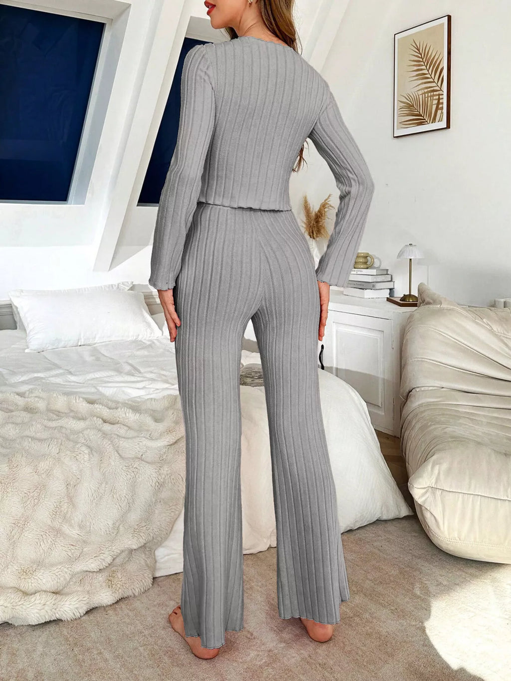 Bow Detail Ribbed Knit Top and Pants Lounge Set