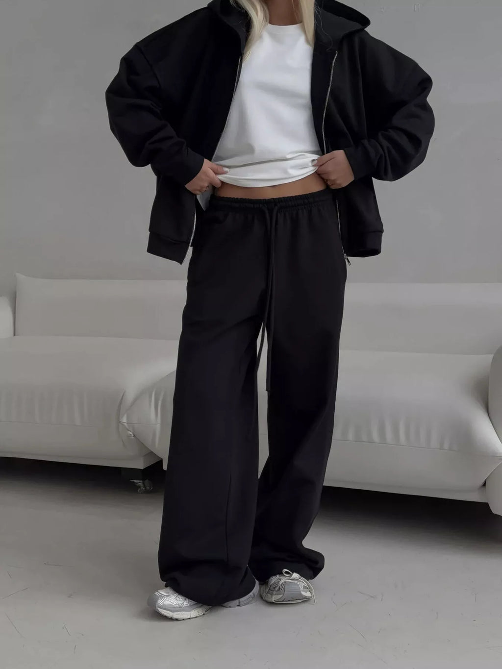 Casual Zip-Up Hoodie and Wide-Leg Sweatpants Set