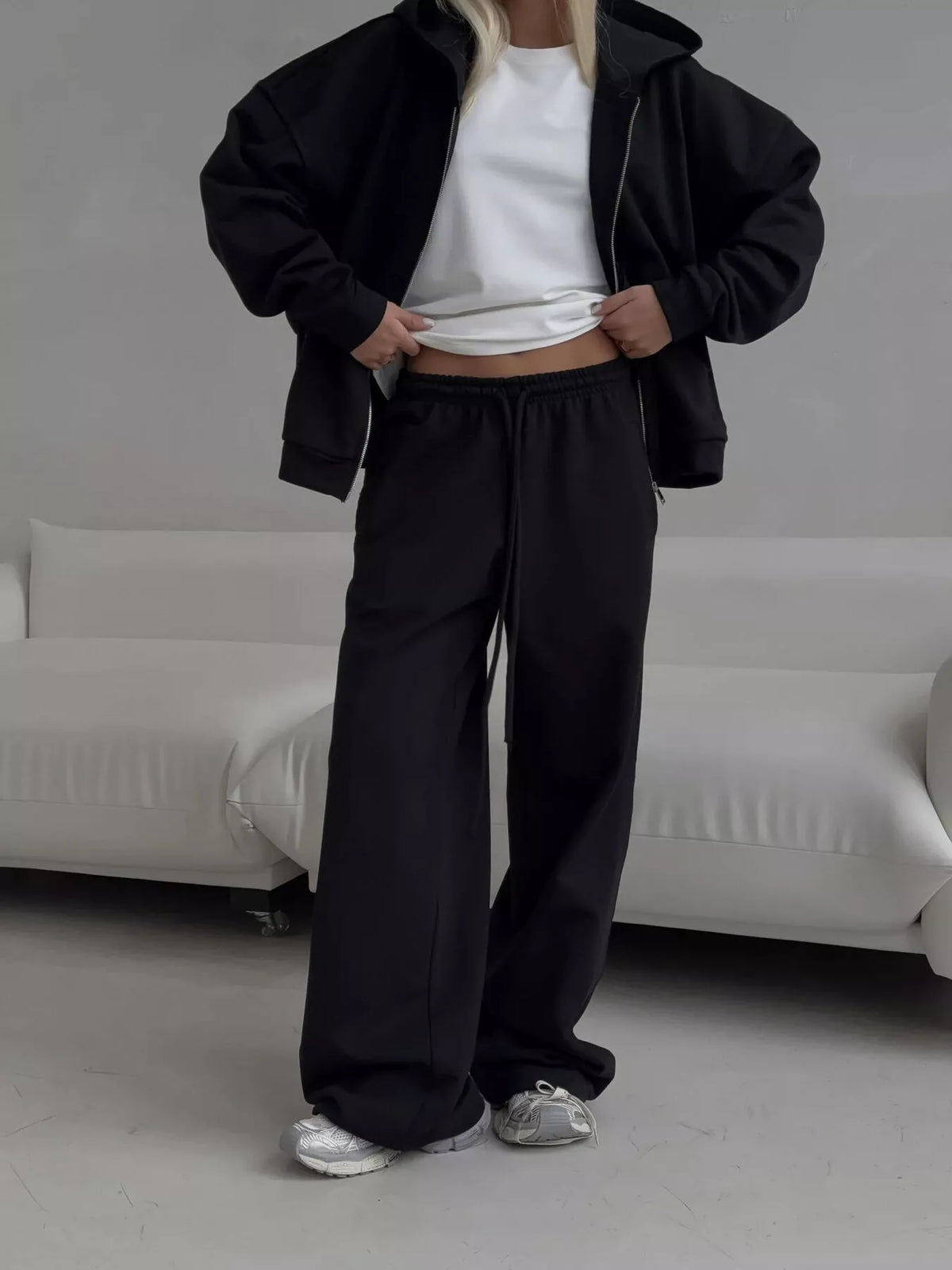 Casual Zip-Up Hoodie and Wide-Leg Sweatpants Set