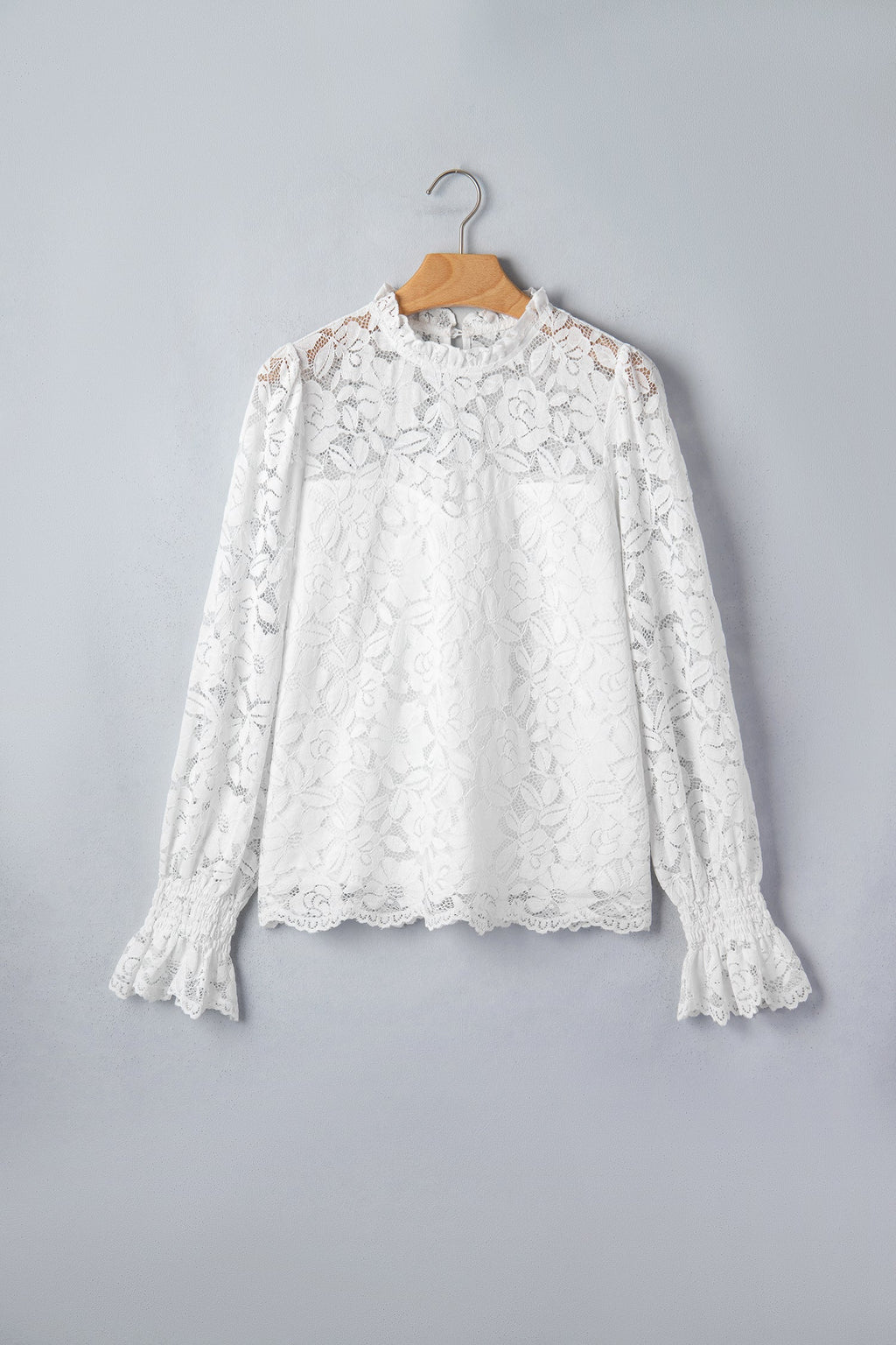 White Ruffled Round Neck Long Flounce Sleeve Sheer Lace Blouse