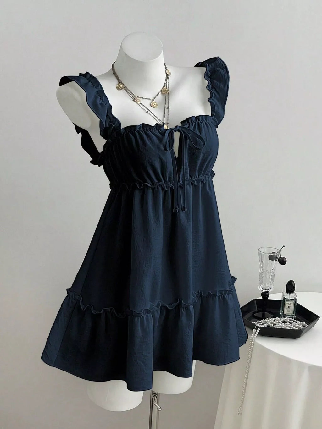 Ruffled Square Neck Tie-Front Mini Dress