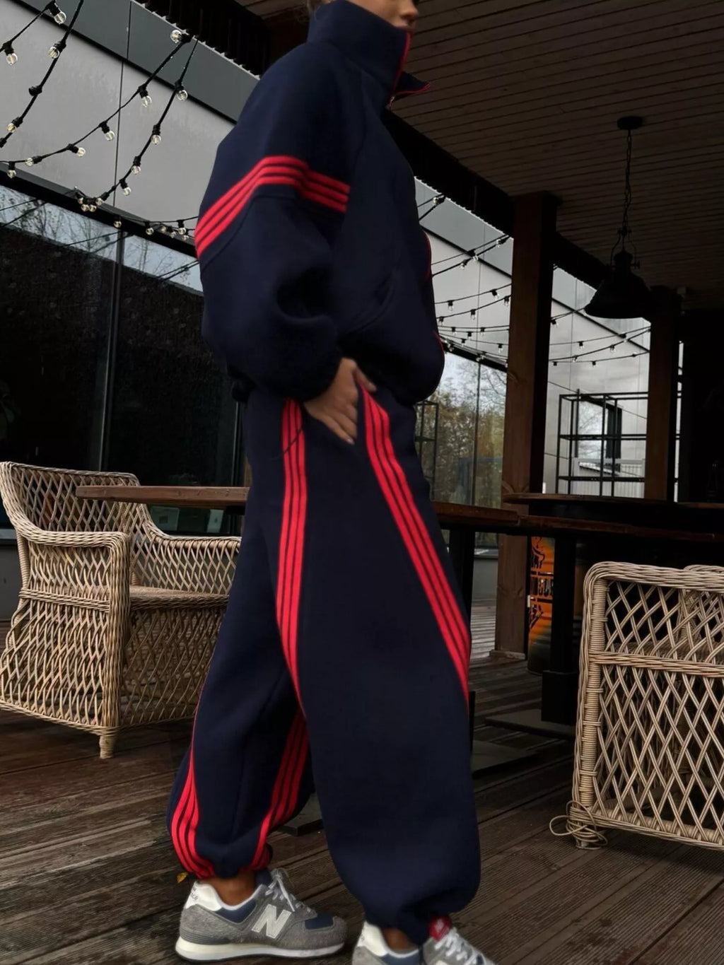 Contrast Striped Zip Up Top and Pants Set