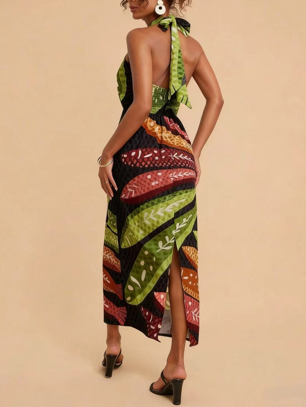 Tropical Print Halter Neck Midi Dress