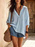 Full Size V-Neck Loose Fit Linen Blend Blouse Plus Size