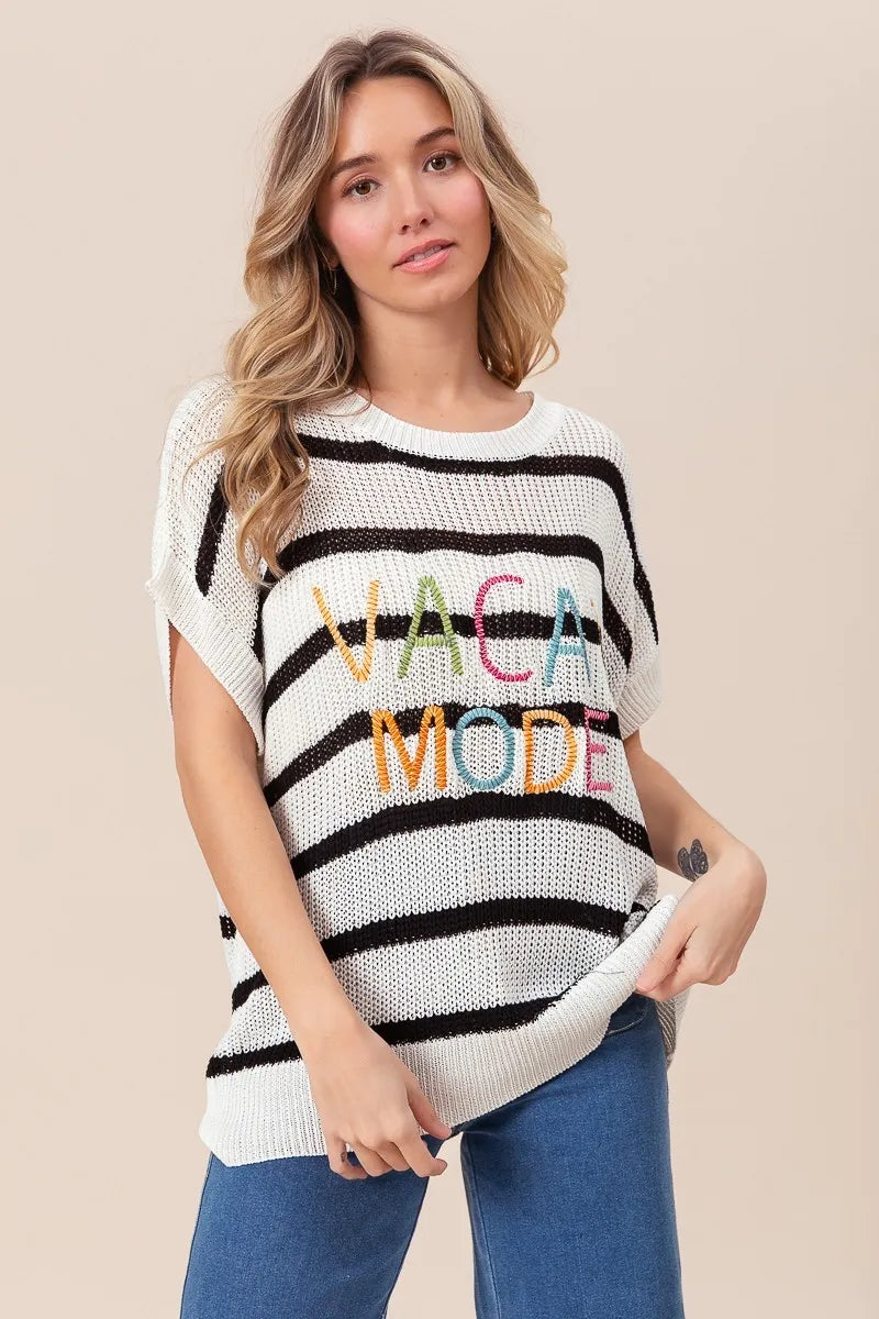 Vacation Mode Cotton Striped Drop Shoulder Sweater