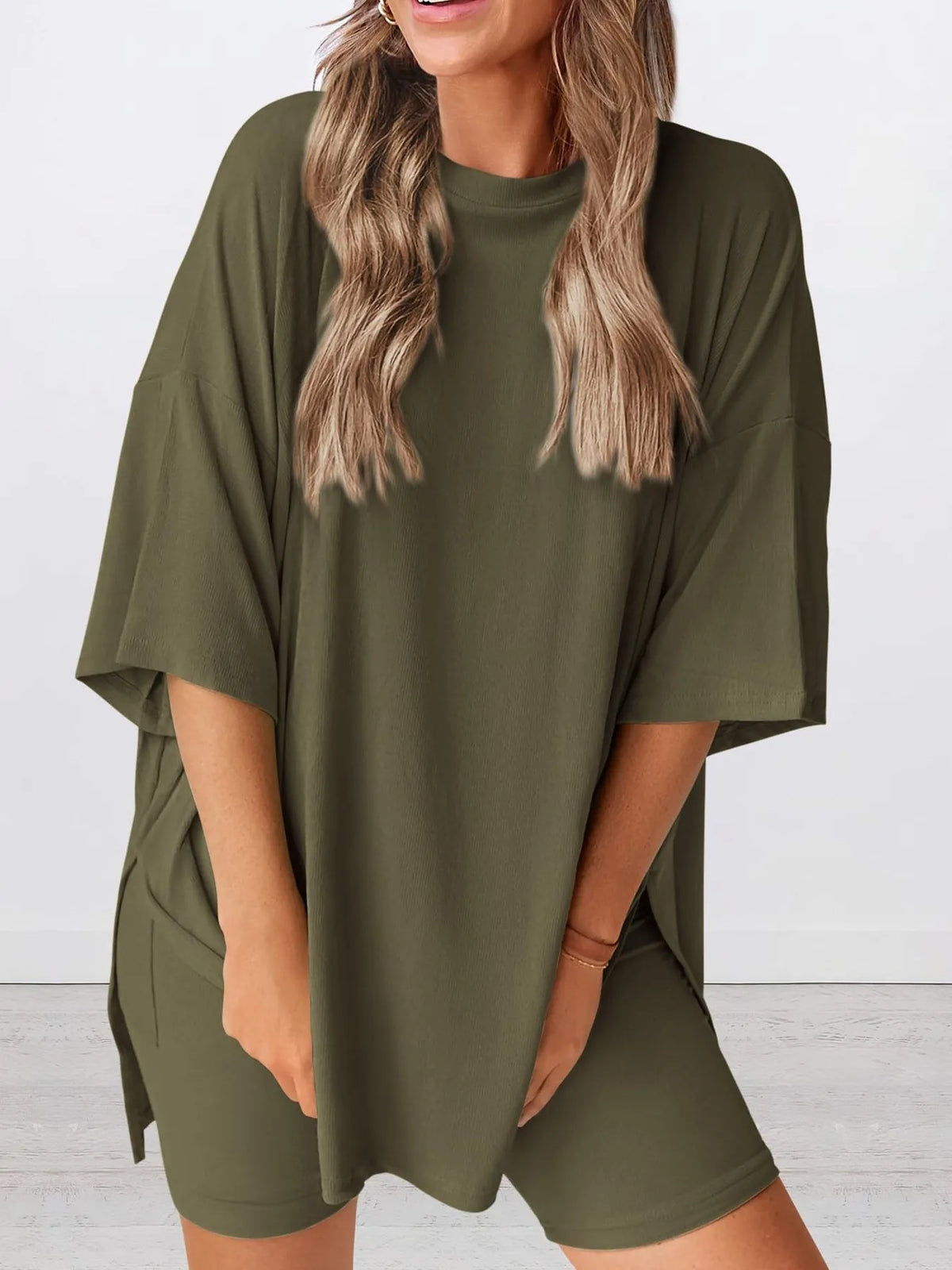 Oversized Round Neck Top and Drawstring Shorts Lounge Set