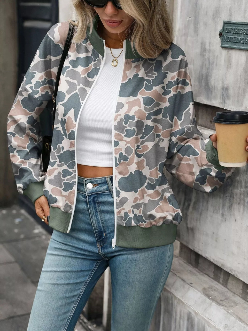 Printed Zip Up Long Sleeve Sweatshirt