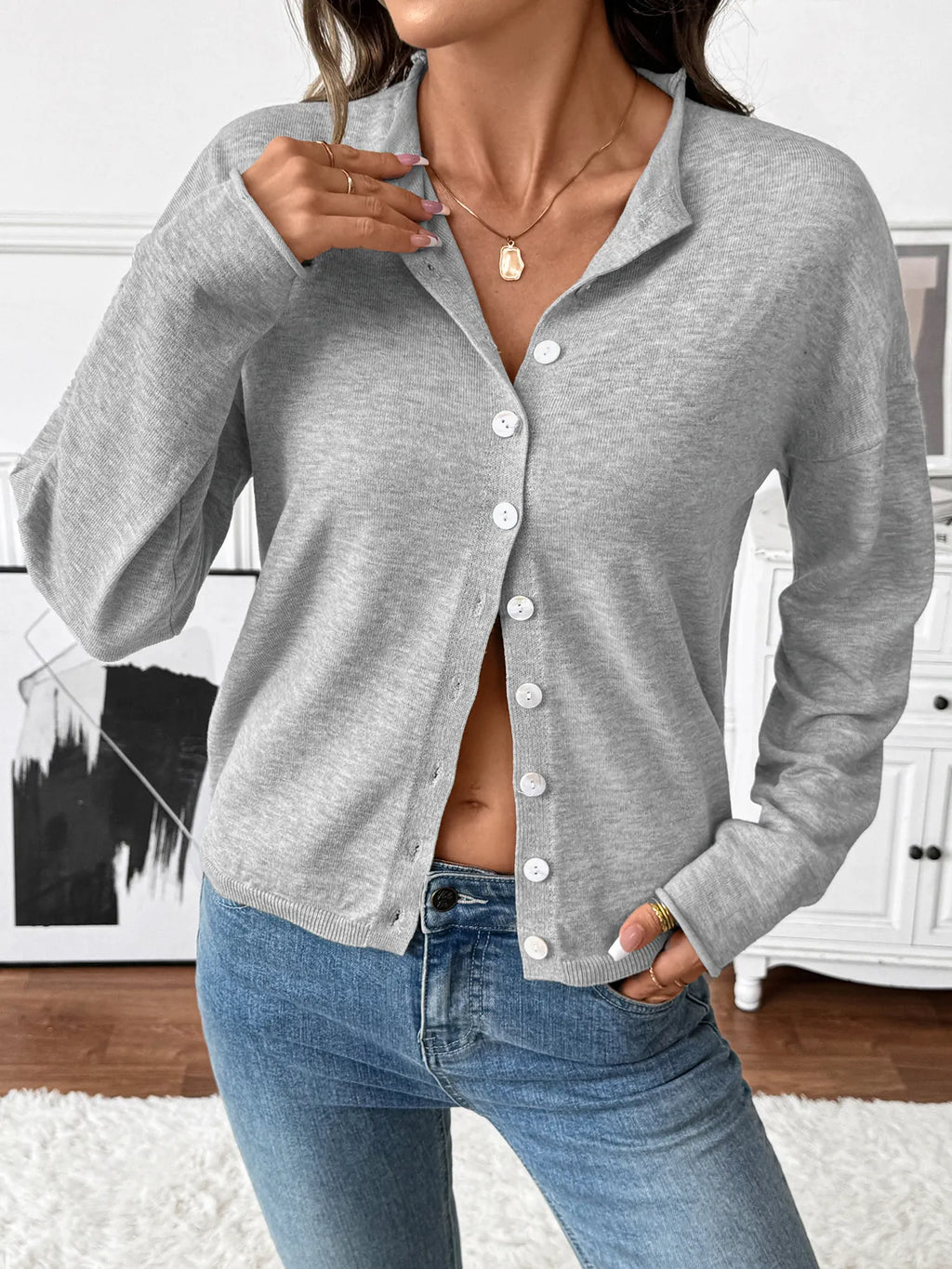 Button-Front Long Sleeve Cardigan