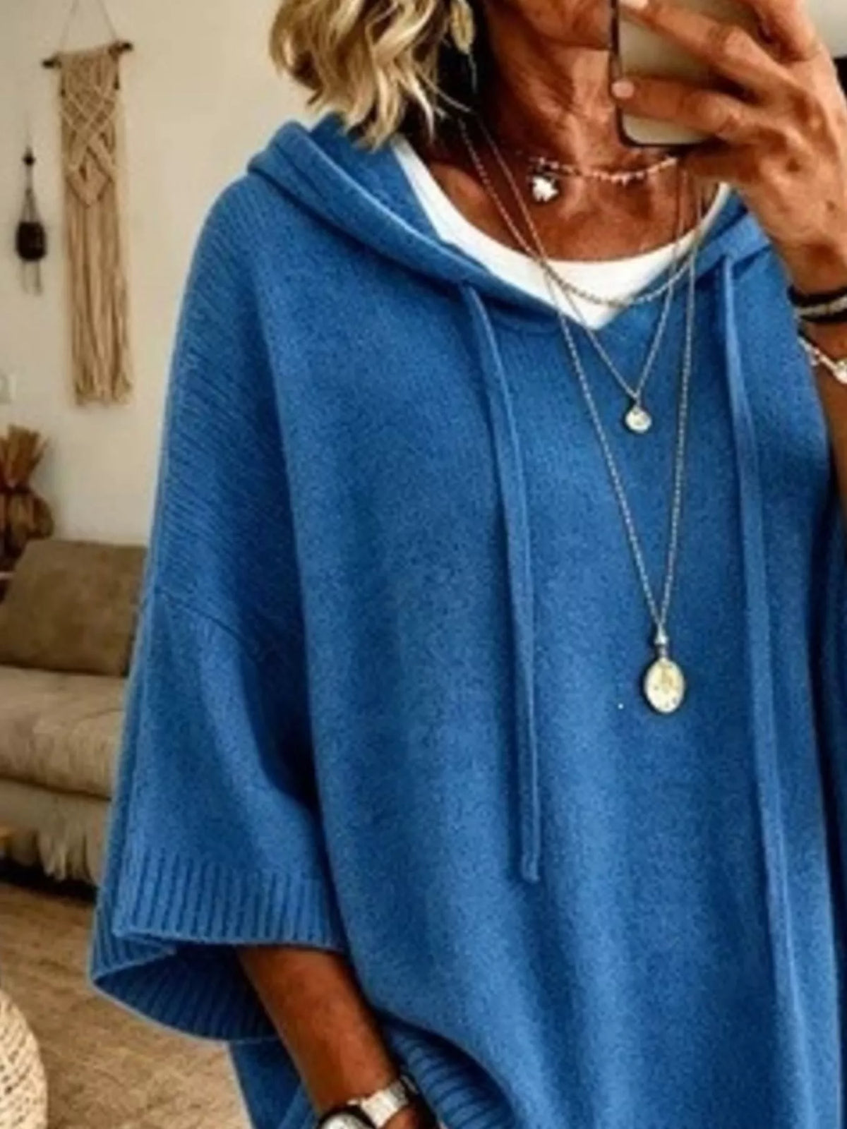 Casual Loose Fit Hooded Knit Sweater with Ribbed Hem