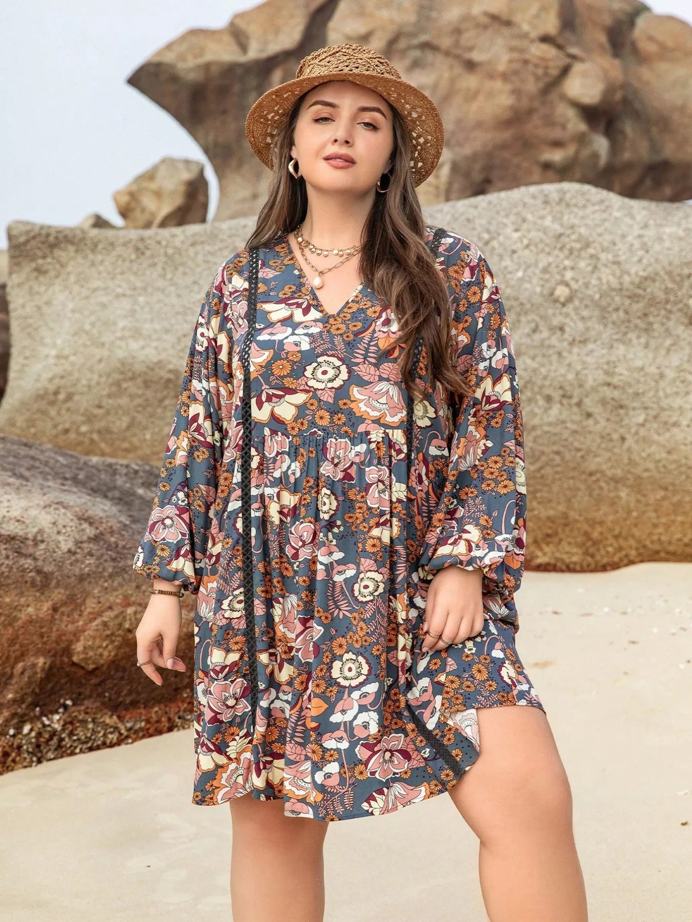 Floral Print Long Sleeve Mini Dress