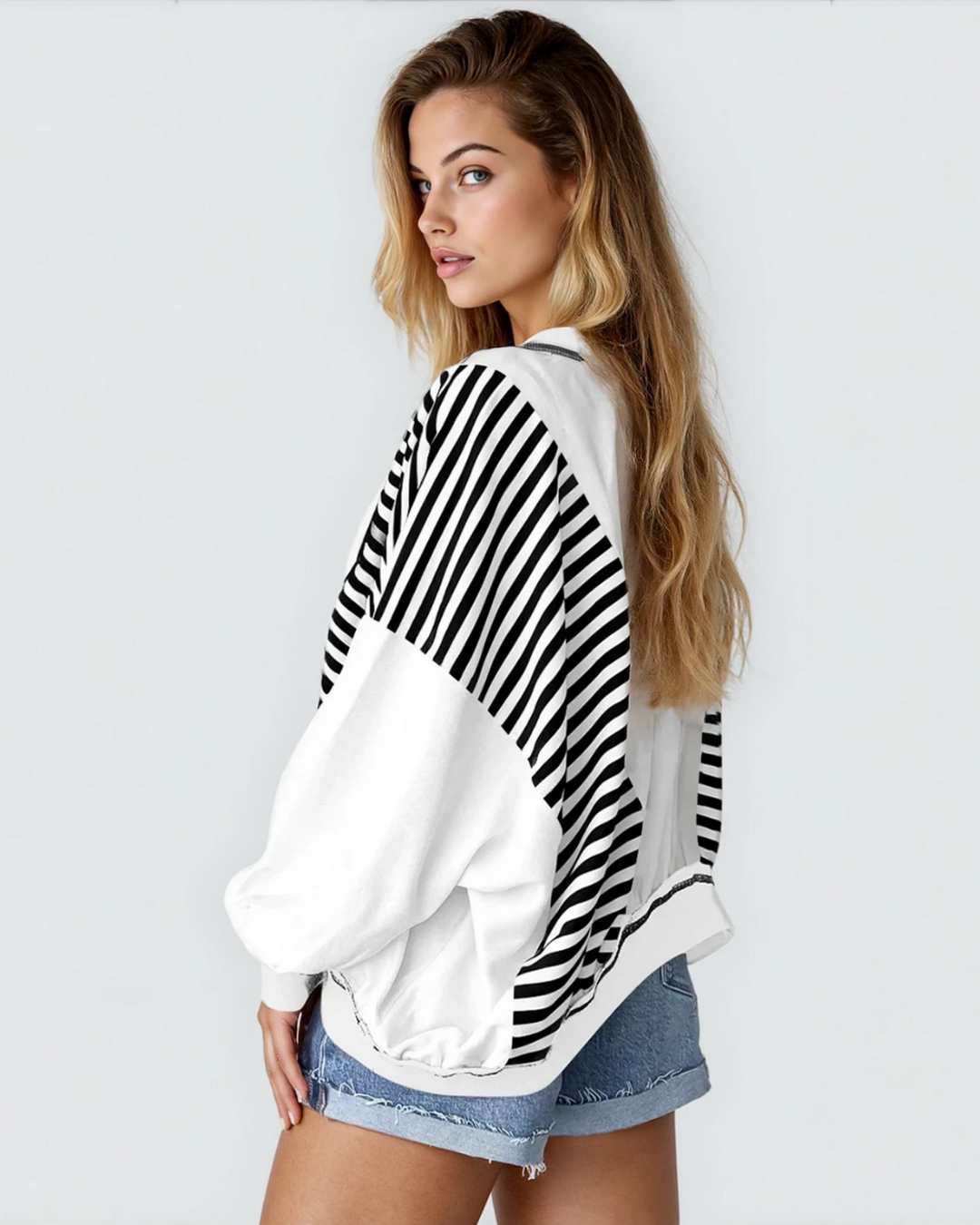 Sophie Striped Colorblock Patchwork Oversized Sweatshirt - Black