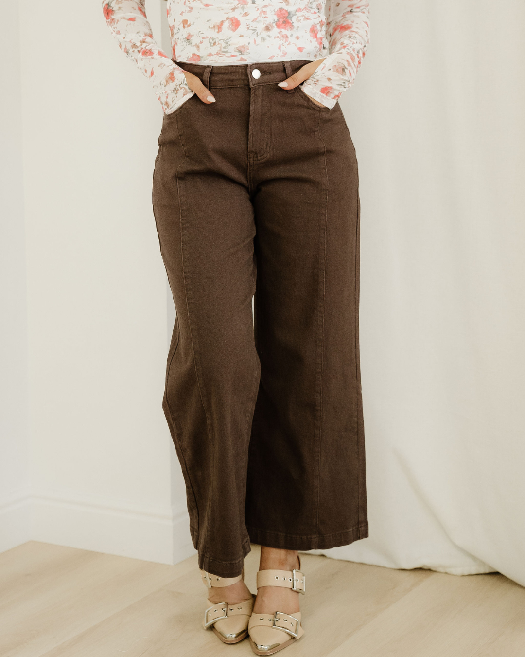 Elsie Solid Color Seamed Center Wide Leg Cropped Jeans - Red Sandalwood